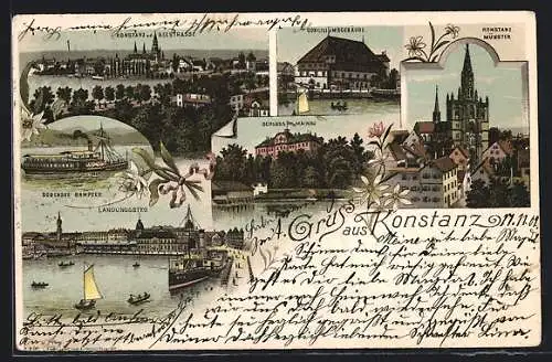 Lithographie Konstanz, Schloss Mainau, Bodensee-Dampfer, Conciliumsgebäude