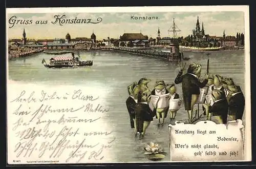 Lithographie Konstanz, Dampfer fährt in den Hafen ein, Stadtrand, Frösche geben ein Konzert am Bodensee um 1900