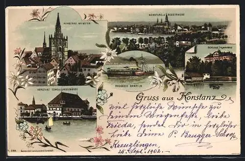 Lithographie Konstanz, Münster, Schloss Mainau, Bodensee Dampfer