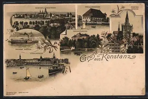Lithographie Konstanz, Totalansicht, Landungssteg, Münster & Schloss Mainau