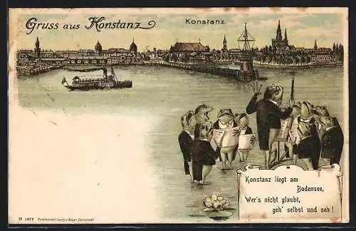 Lithographie Konstanz, Dampfer fährt in den Hafen ein, Stadtrand, Frösche geben ein Konzert am Bodensee um 1900