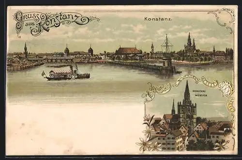 Lithographie Konstanz, Partie am Hafen, Münster