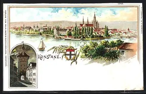 Lithographie Konstanz, Totalansicht mit Münster, Schnetztor, Wappen