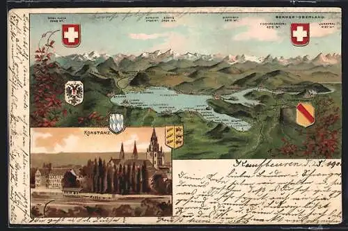 Lithographie Konstanz, Teilansicht mit Kirche, Panoramablick auf Bodensee und Alpen