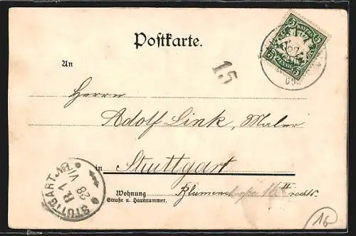Lithographie Konstanz, Teilansicht mit Kirche, Panoramablick auf Bodensee und Alpen