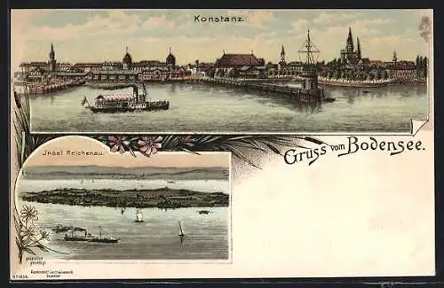 Lithographie Konstanz, Dampfer im Hafen, Insel Reichenau