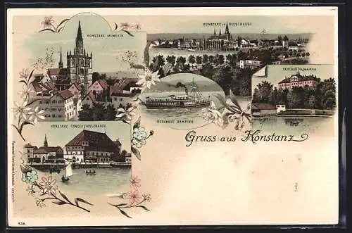 Lithographie Konstanz, Ortsansicht von der Seestrasse, Conciliumsgebäude, Münster