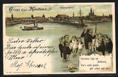 Lithographie Konstanz, Dampfer fährt in den Hafen ein, Stadtrand, Frösche geben ein Konzert am Bodensee um 1900