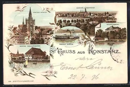 Lithographie Konstanz, Concilium, Bodensee-Dampfer, Ortspartie mit Münster