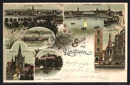 Lithographie Konstanz, Landungssteg, Kaiserbrunnen, Münster