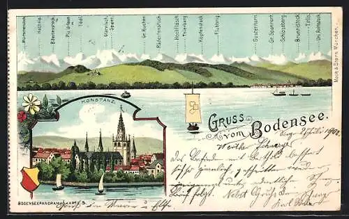 Lithographie Konstanz, Teilansicht mit Kirche, Bergpanorama mit Tödi, Glärnisch und Köpfenstock