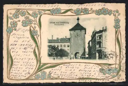 Präge-AK Freiburg / Breisgau, Martinstor, Vergissmeinnicht, Passepartout