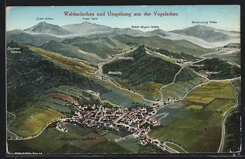 Künstler-AK Eugen Felle: Waldmünchen, Ortsansicht mit Ulrichsgrün, Prosdorf und Pucher aus der Vogelschau