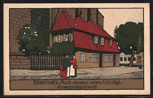 Steindruck-AK Bremen, Aus einem alten Winkel, Ansgariikirchhof, Leute, Kind