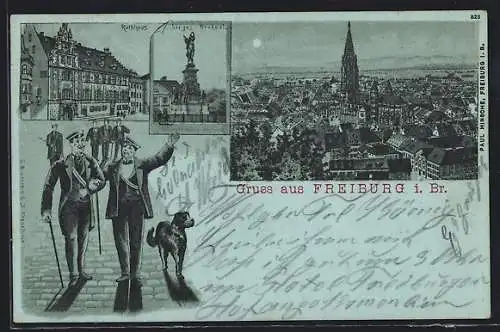 Mondschein-Lithographie Freiburg i. Br., Rathaus, Sieges-Denkmal, Panorama mit Münster