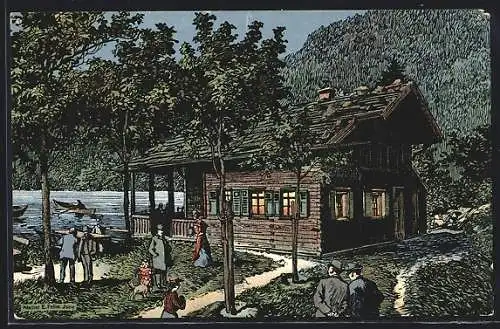 Künstler-AK Eugen Felle: Pilsen, Berghütte Gasthaus am Schwarzen See
