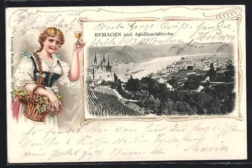 Passepartout-Lithographie Remagen, Ortsansicht mit Apollinariskirche, Weinkönigin