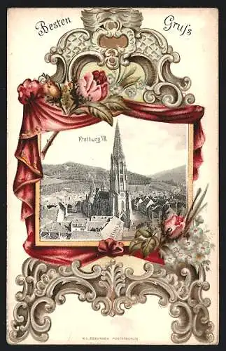 Passepartout-Lithographie Freiburg i. B., Münster in verschnörkeltem Rahmen