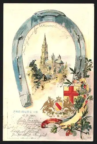Passepartout-Lithographie Freiburg / Breisgau, Blick auf das Münster, Hufeisen als Rahmen