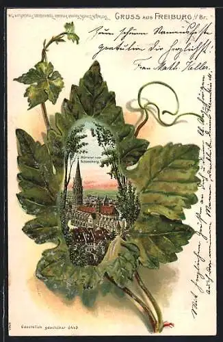Passepartout-Lithographie Freiburg i. Br., Münster vom Schlossberg gesehen, Eichenblatt