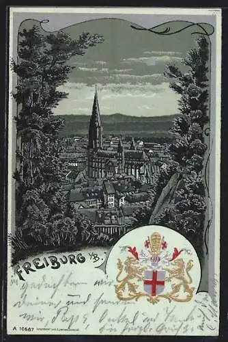Mondschein-Lithographie Freiburg i. Br., Münster im Stadtbild, Wappen