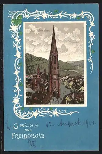 Passepartout-Lithographie Freiburg i. Br., das Münster, gerahmt von Klee