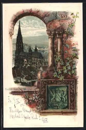 Passepartout-Lithographie Freiburg i. Br., Münster durch ein Bogenfenster gesehen, Wappen