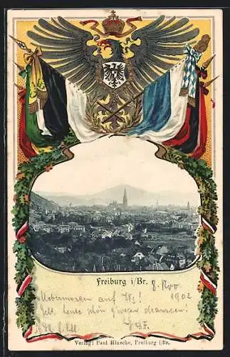 Passepartout-Lithographie Freiburg i. Br., Panoramablick auf die Stadt, Wappen und Fahnen