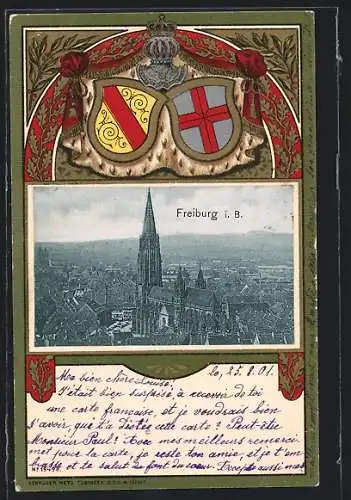 Passepartout-Lithographie Freiburg i. Br., Münster im Stadtbild, Wappen