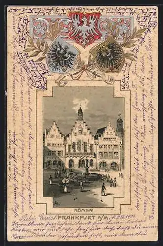 Passepartout-Lithographie Alt-Frankfurt, Strassenpartie am Römer, Wappen
