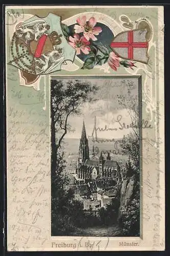 Passepartout-Lithographie Freiburg / Breisgau, Ortsansicht mit Münster, Wappen