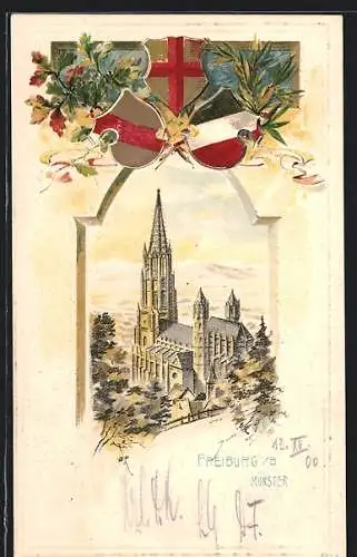 Passepartout-Lithographie Freiburg i. B., Münster, Wappen mit Lorbeer und Eichenlaub