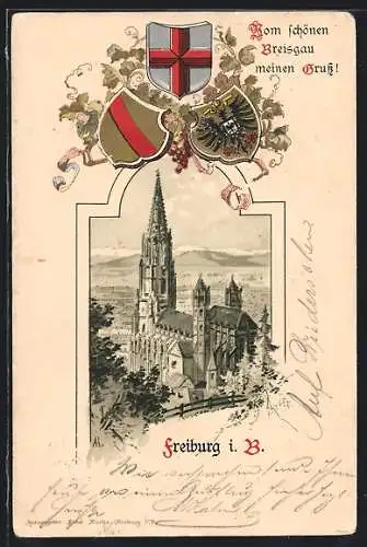 Passepartout-Lithographie Freiburg i. B., Münster in der Gesamtansicht, Wappen