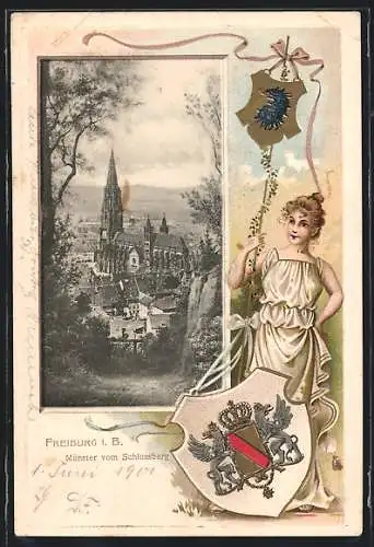 Passepartout-Lithographie Freiburg i. Br., Münster vom Schlossberg, Wappen