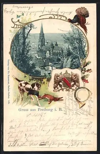Passepartout-Lithographie Freiburg i. B., Münster im Stadtbild, Wappen und Jagdhund