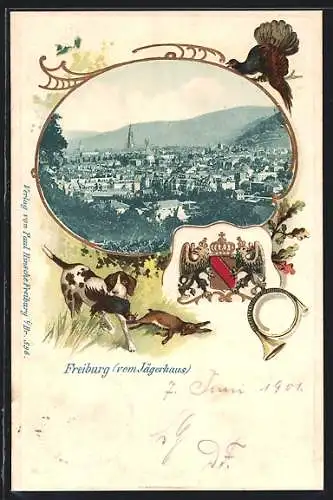 Passepartout-Lithographie Freiburg / Breisgau, Gesamtansicht vom Jägerhaus aus, Wappen