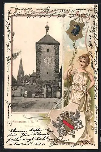 Passepartout-Lithographie Freiburg i. Br., Strassenpartie am Schwabenthor, Wappen