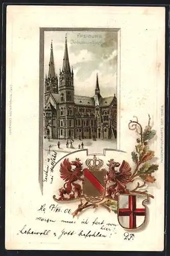 Passepartout-Lithographie Freiburg / Breisgau, Johanniskirche mit Vorplatz