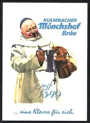 Künstler-AK Ludwig Hohlwein: Brauerei-Werbung des Kulmbacher Mönchshof Bräus, Bierkrug