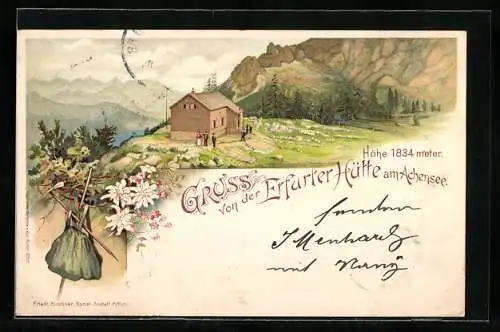 Lithographie Erfurter Berghütte am Achensee, Rucksack mit Edelweiss