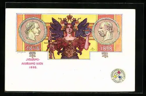 Künstler-AK Wien, Jubiläums-Ausstellung 1898, Kaiser Franz Josef I. von Österreich, Germania mit Schwert