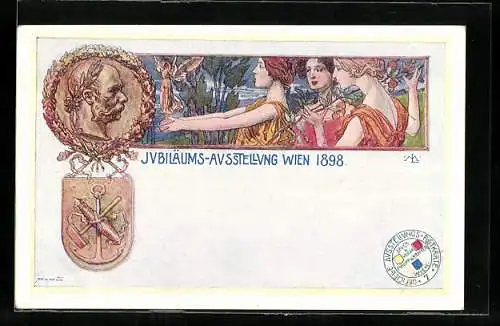 Künstler-AK Philipp + Kramer Nr. 7: Wien, Jubiläums-Ausstellung 1898, Drei Grazien mit Engelsfigur
