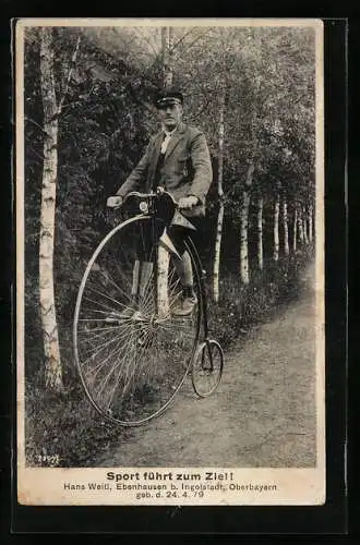 AK Hans Weiss auf einem Hochrad im Wald