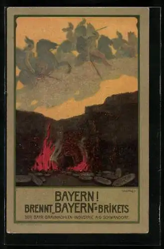 Künstler-AK Schwandorf / Bayern, Reklame für Bayern-Briketts der Bayr. Braunkohlen-Industrie AG