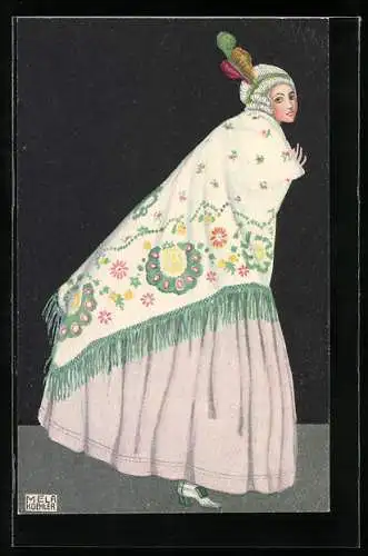 Künstler-AK Mela Köhler: Elegante Dame mit bestickter Decke