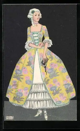 Künstler-AK Mela Köhler: Elegante Dame mit Perücke und Reifrock