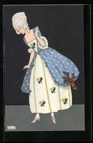 Künstler-AK Mela Köhler: Junge Dame im Rokoko-Kostüm mit weisser Perücke