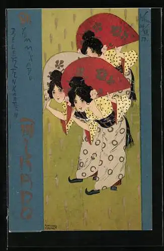 Künstler-AK Raphael Kirchner: Mikado, Geishas in Kimonos mit Säcken auf dem Rücken