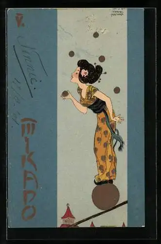 Künstler-Lithographie Raphael Kirchner: Mikado, Jugendstil, Balancierende Geisha