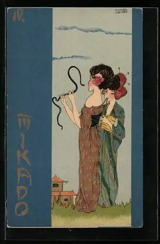 Künstler-Lithographie Raphael Kirchner: Mikado, Asiatinnen mit Schlange